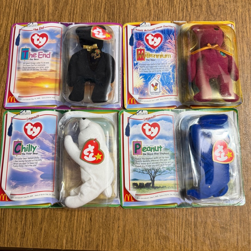 Lot 4 Ty Beanie Babies McDonald's 90's Set Millennium The End Peanut Chilly NEW